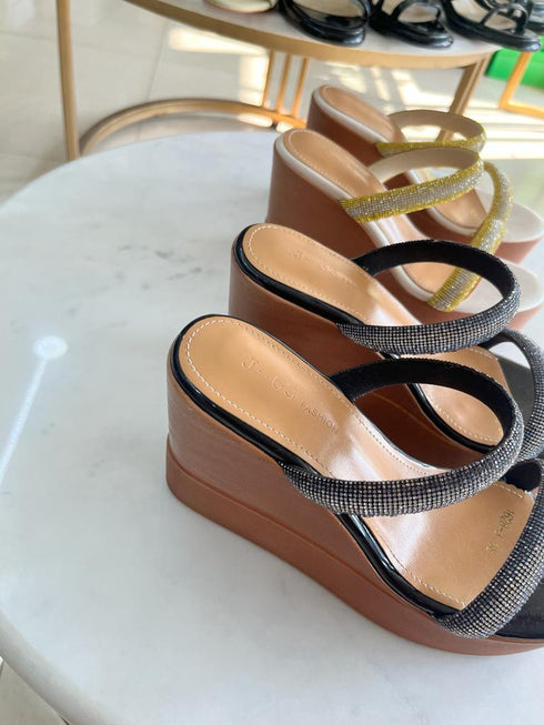 Rhinestone Embedded Double Straps Wedge sandals
